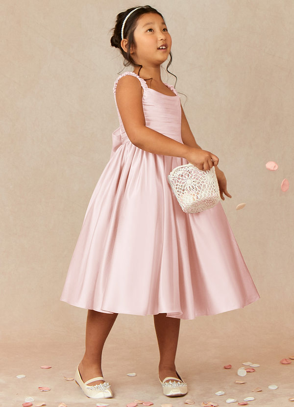 Azazie Cutie Pie Flower Girl Dresses Blushing Pink A-Line Pleated Matte Satin Dress image1