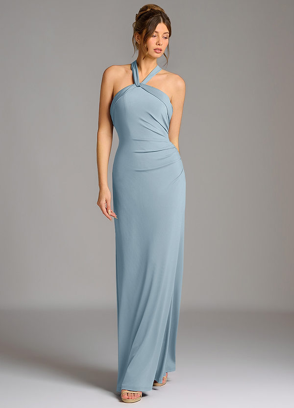 Azazie Valentina Bridesmaid Dresses Dusty Blue Mermaid Pleated Premium Stretch Jersey Dress image1