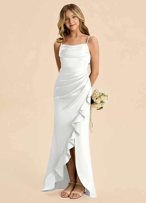 Azazie Mia Junior Robe Sirène en Satin extensible Plissé Blanc image1