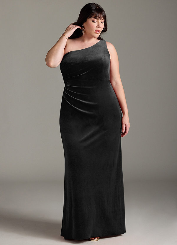 Azazie Argan Bridesmaid Dresses Black A-Line One Shoulder Pleated Velvet Dress image1