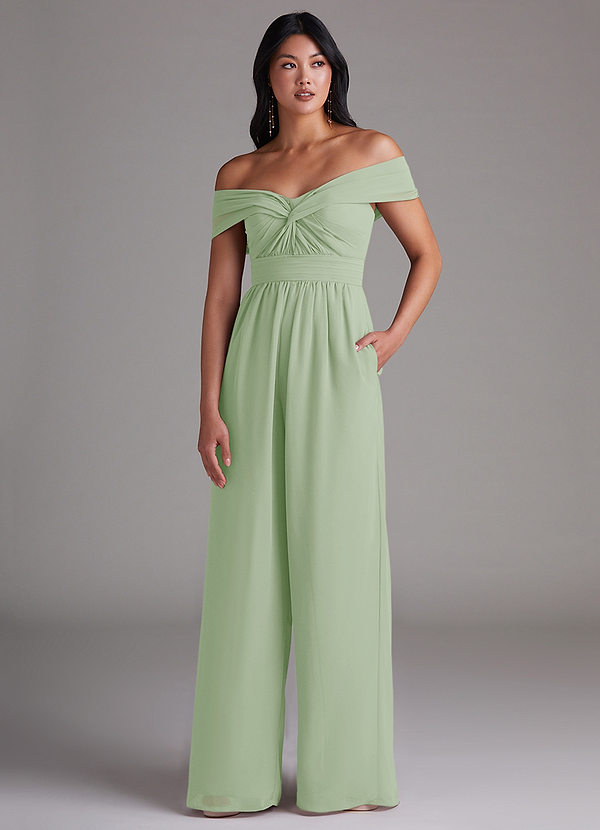 Azazie Lamara Robes Demoiselle d'honneur Combinaison Convertible en Mousseline de soie Épaule décolletée Vert Sauge image1