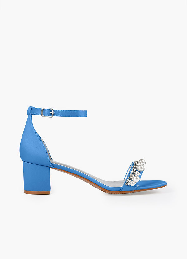 front Matching Color Matte Satin Pearl and Rhinestone Block Heel Sandals