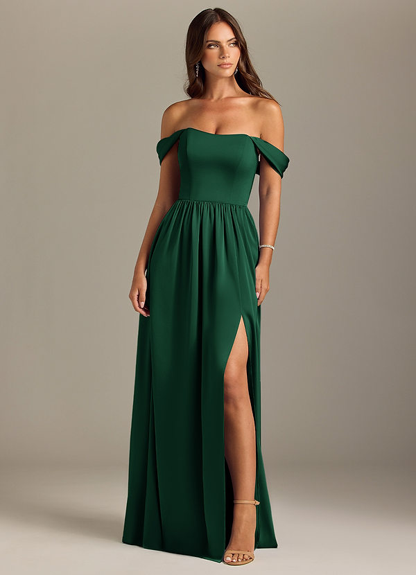 Azazie Calianna Bridesmaid Dresses Dark Green A-Line Off the Shoulder Stretch Satin Convertible Dress image1
