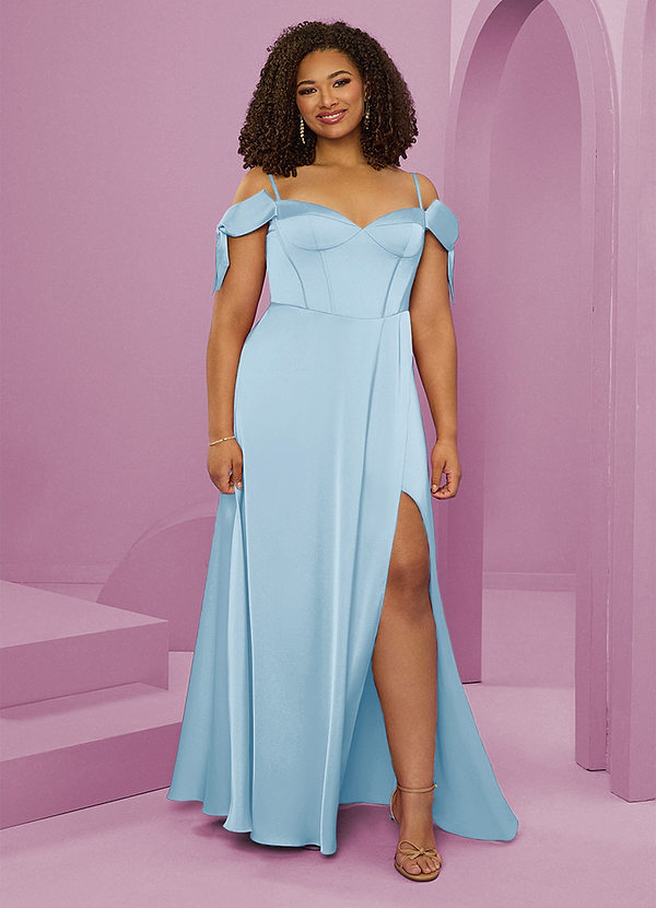 Barbie ♥ Azazie Vestidos Dama de Honor Vestido de Azul Cielo de Satén Elástico de Corte en A con Vestidos sin tirantes image1