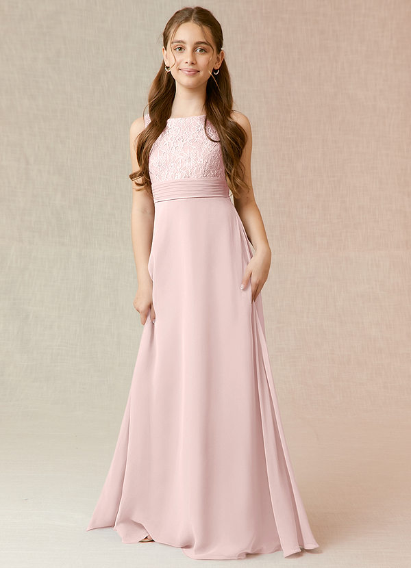 Azazie Snow Junior Blushing Pink A-Line Lace Chiffon Dress image1