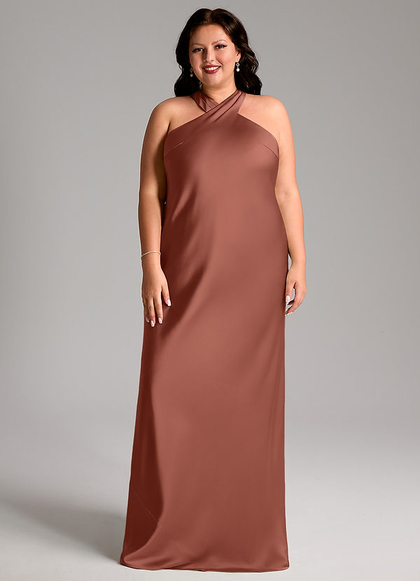 Azazie Doretta Abiti da Damigella Abito Sirena in Raso Elasticizzato Plissettato Auburn image1