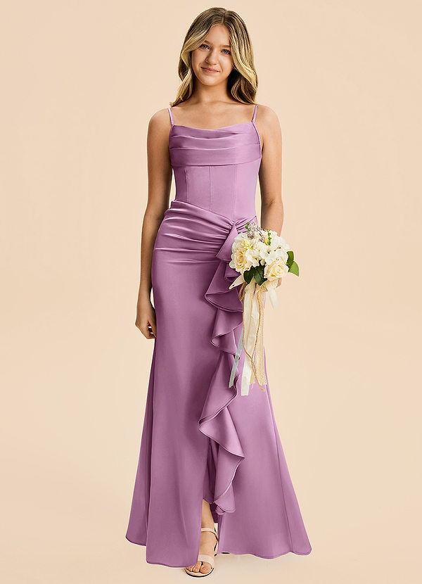 Azazie Rosalia Junior Wisteria Sheath Pleated Stretch Satin Dress image1
