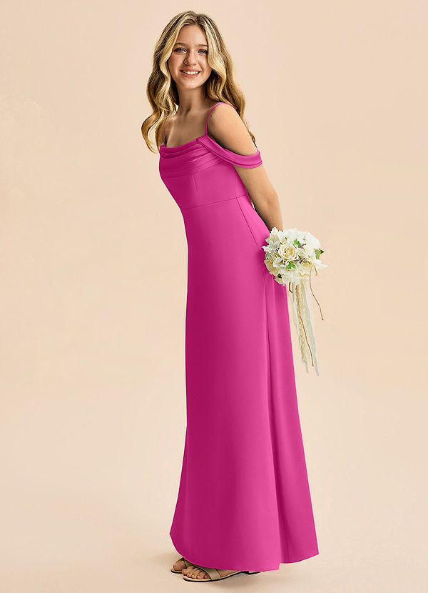 Azazie Lettie Junior A-Linie Schulterfrei Stretch-Satin Kleid Fuchsia image1