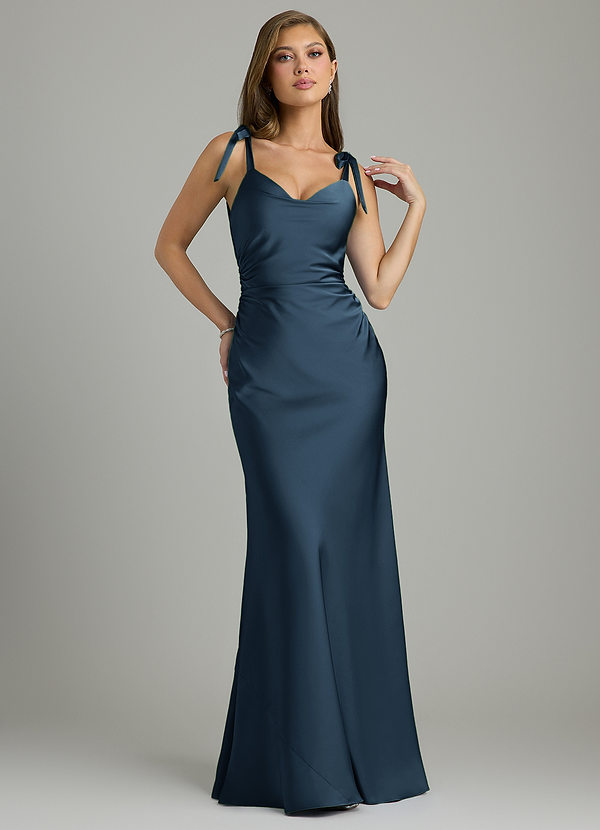 Azazie Shannon Bridesmaid Dresses Dark Navy Mermaid Bow Stretch Satin Dress image1