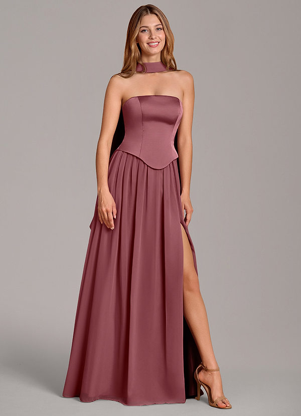 Azazie Cadence 신부 들러리 드레스 A라인 코르셋 스트레치 새틴 바닥 길이 드레스 image1