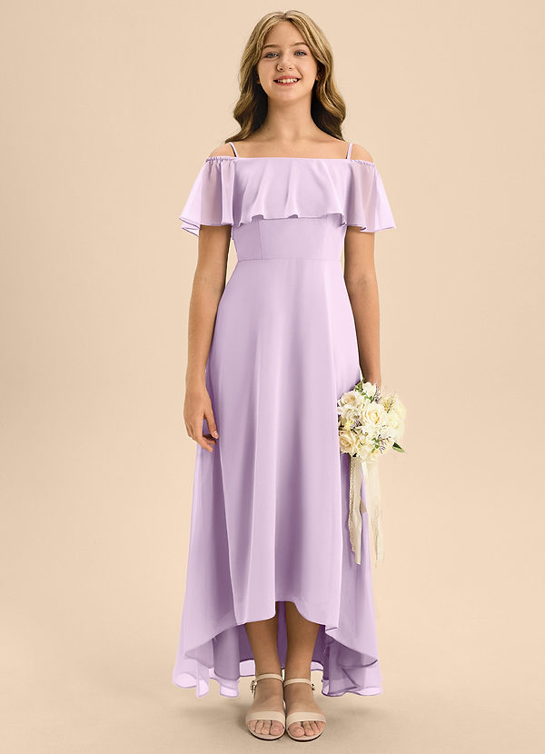 Azazie Maggie Junior A-Linie Schulterfrei Chiffon Kleid Frostiges Flieder image1