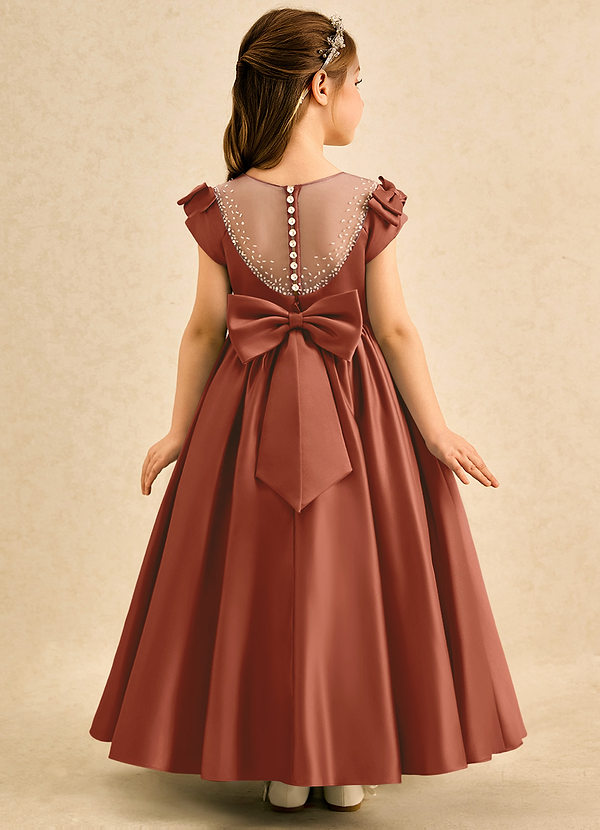 Azazie Toffee Abiti da Damigella Bambina Abito Stile Principessa in Raso Opaco Fiocco Auburn image1