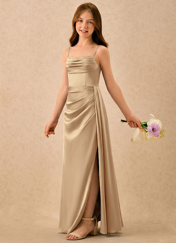 Azazie Shyla Girls Formal Sukienki dla dziewczynek sypiących kwiaty Osłona Pofałdowany Satyna elastyczna Długość podłogi Sukienka image1