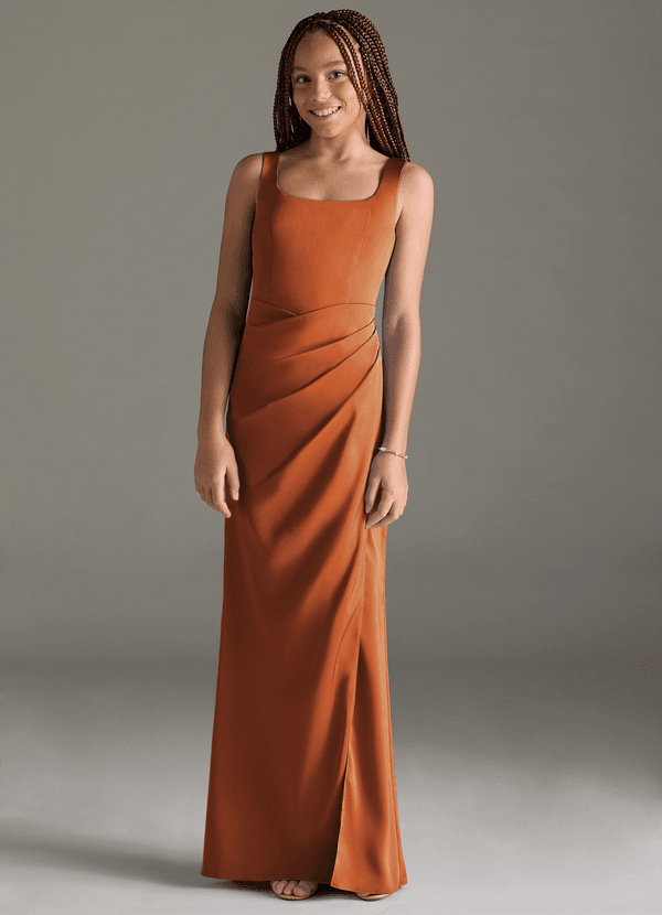 Azazie Mero Junior Cinnamon Mermaid Pleated Stretch Satin Dress image1