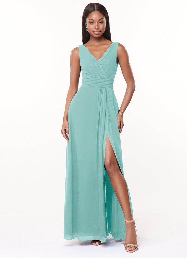 Azazie Karina Bridesmaid Dresses Aqua A-Line Pleated Chiffon Dress image1