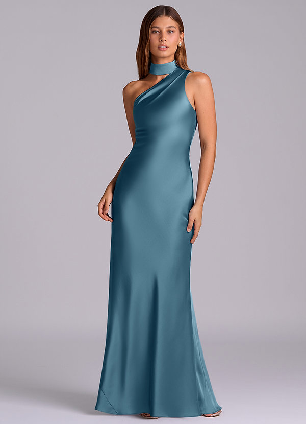 Azazie Seona Robes Demoiselle d'honneur Robe Sirène en Satin extensible Ue épaule Bermude image1