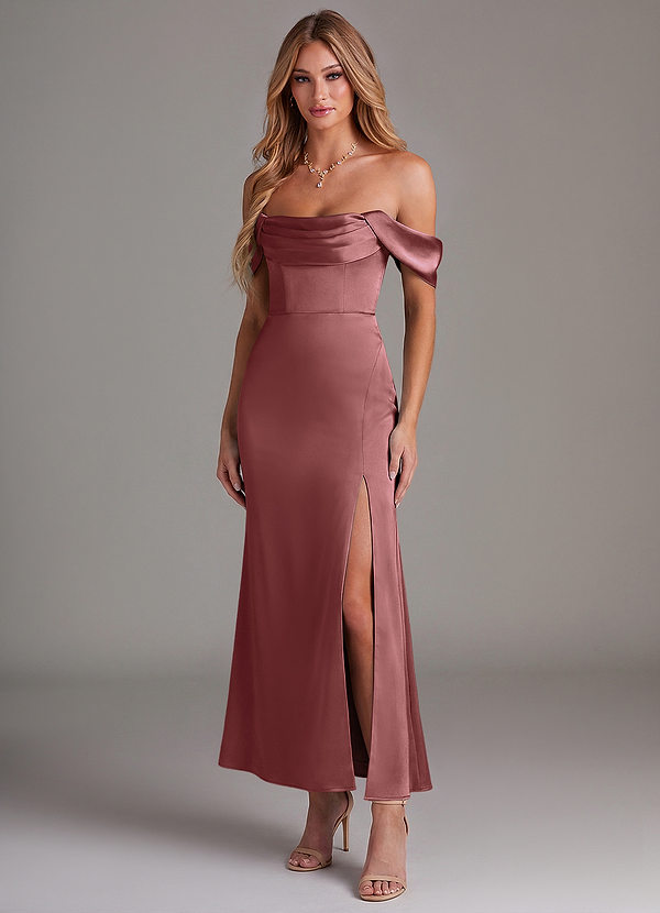 Azazie Saige Suknie dla druhen Syrena Zza ramienia Satyna elastyczna Długość kostki Sukienka image1