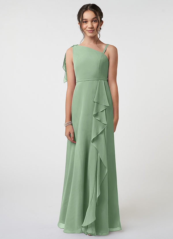 Azazie Aidy Vestido de Matcha de Gasa/ Chiffon de Acampanado con Lazo image1