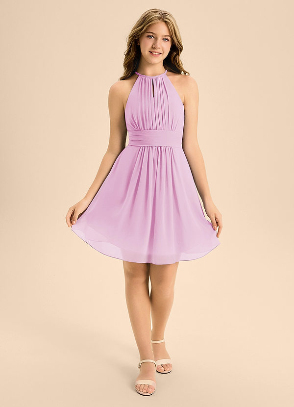 Azazie Bonnie Junior Candy Pink A-Line Pleated Chiffon Dress image1