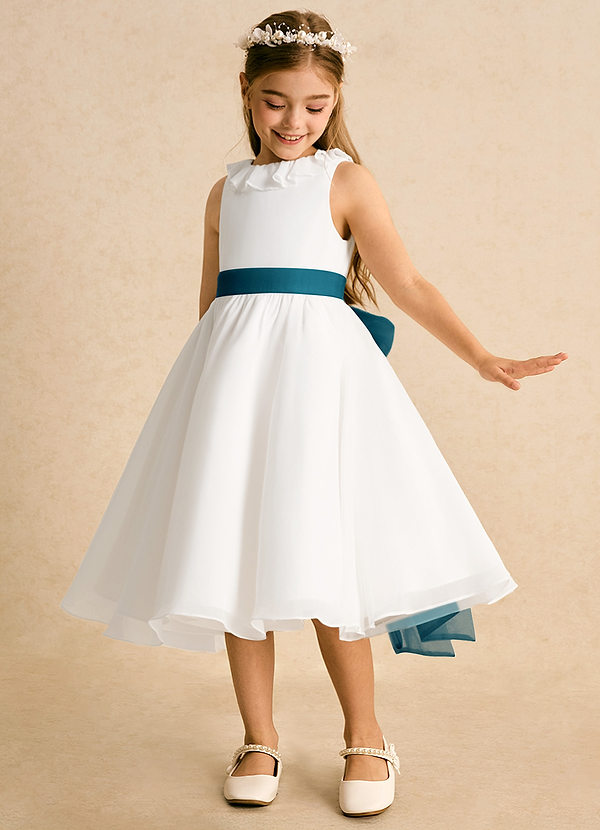 Azazie Dani Flower Girl Dresses Ivory Ink Blue A-Line Bow Chiffon Dress image1