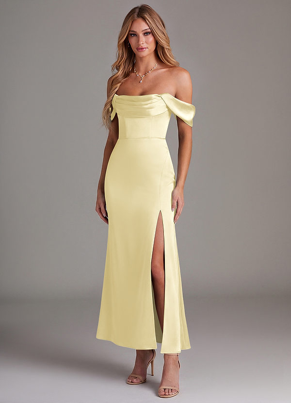 Azazie Saige Suknie dla druhen Syrena Zza ramienia Satyna elastyczna Długość kostki Sukienka image1