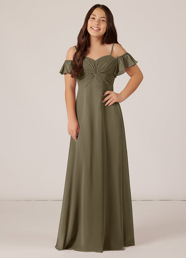 Azazie Juna Junior Robe Trapèze en Mousseline de soie Épaule décolletée Vert Saule image1