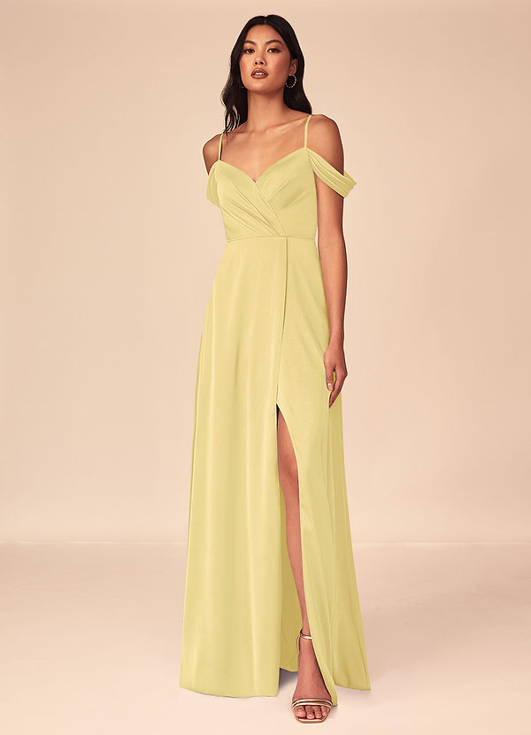 Azazie Ocean Brautjungfernkleider A-Linie V-Hals Gefaltet Stretch-Satin Kleid Zitronensorbet image1