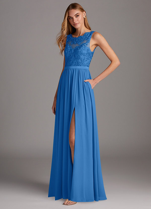 Azazie Elly Abiti da Damigella Abito A-Line in Chiffon Scollo a barchetta in pizzo Blue Jay image1