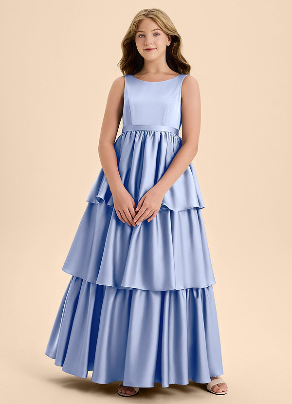 Azazie Meadowyn Junior Ice A-Line Bow Stretch Satin Dress image1