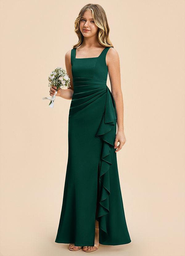 Azazie Adrienne Junior Emerald Sheath Pleated Stretch Satin Dress image1