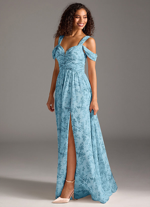 Azazie Lianne Bridesmaid Dresses Blue Fern Floral A-Line Off the Shoulder Chiffon Dress image1