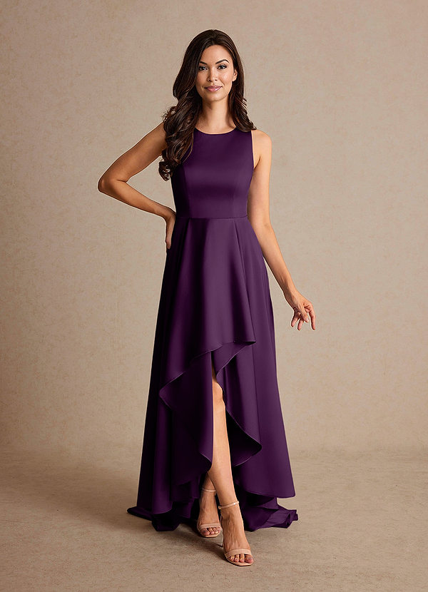 Azazie Niles Vestidos de Madre de la Novia Vestido de Uva de Satén Elástico de Corte En A con Trenes image1