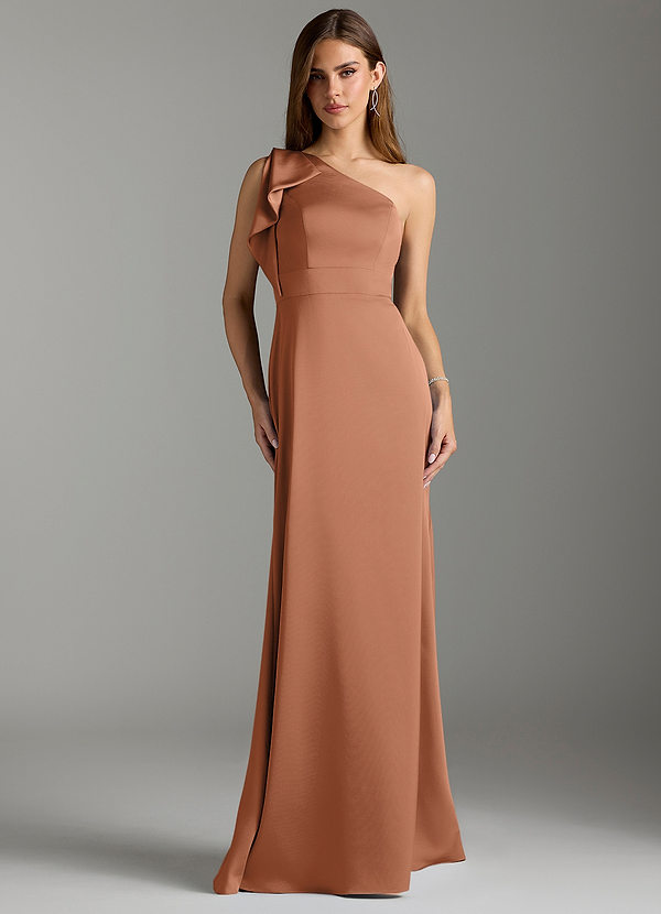 Azazie Rinna Bridesmaid Dresses Bronzer Mermaid Ruched Stretch Satin Dress image1