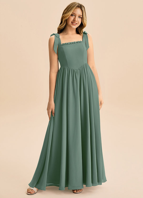 Azazie Delia Junior Abito A-Line in Chiffon Fiocco Eucalipto image1