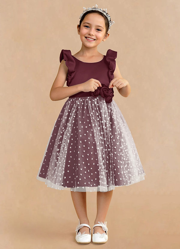 Azazie Rielle Flower Girl Dresses Cabernet A-Line Ruched Matte Satin Dress image1