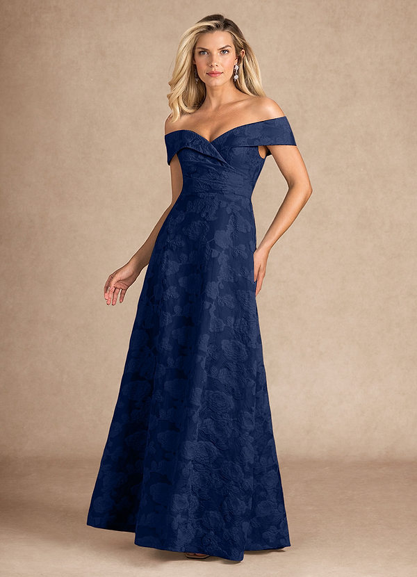 Azazie New London Dark Navy Jacquard A-Line Pleated Floral Burnout