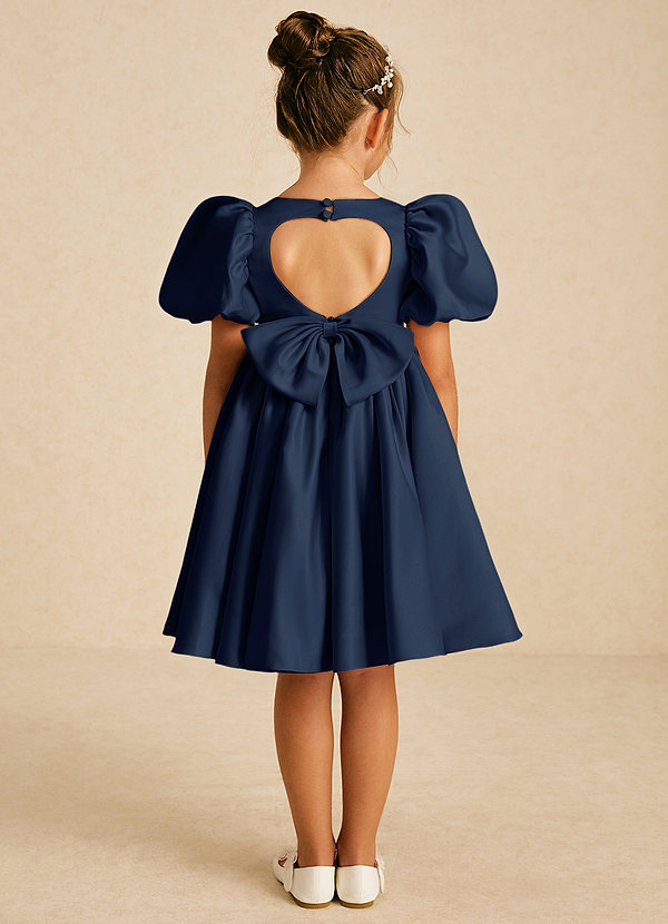Azazie Muffin Flower Girl Dresses Dark Navy A-Line with Sleeves Matte Satin Dress image1