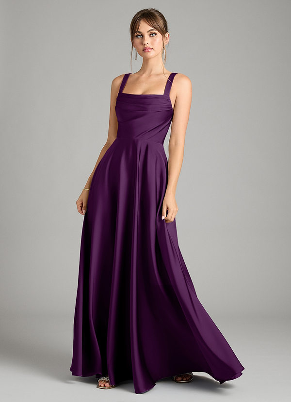 Azazie Shaude Bridesmaid Dresses Grape A-Line Pleated Stretch Satin Dress image1