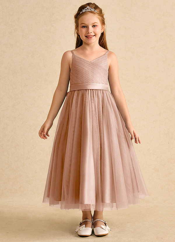 Azazie Patootie Vestidos de Niña de Flores Vestido de Champán Rosado de Tul de Corte En A con Tirante Espagueti image1