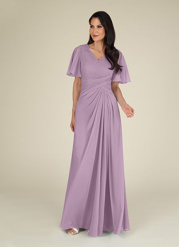 Azazie Morning Glory Mother of the Bride Dresses A-Line V-Neck Ruched Chiffon Floor-Length Dress image1