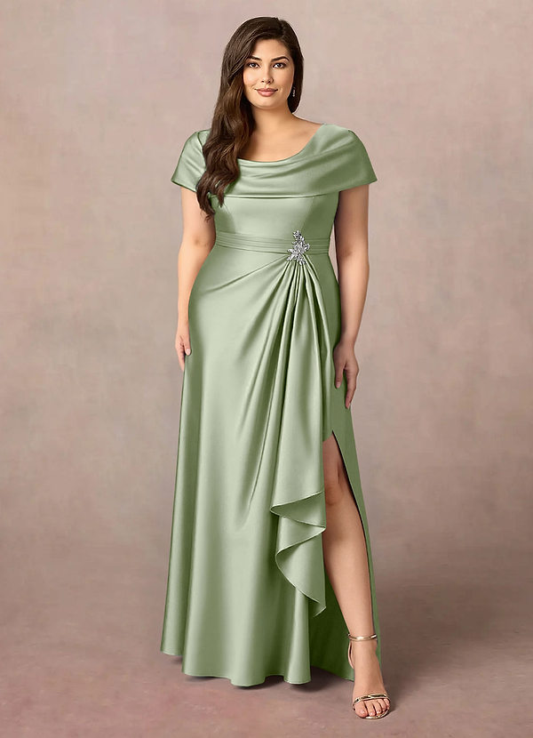 Azazie Branford Mother of the Brides Dresses Dusty Sage A-Line Pleated Stretch Satin Dress image1