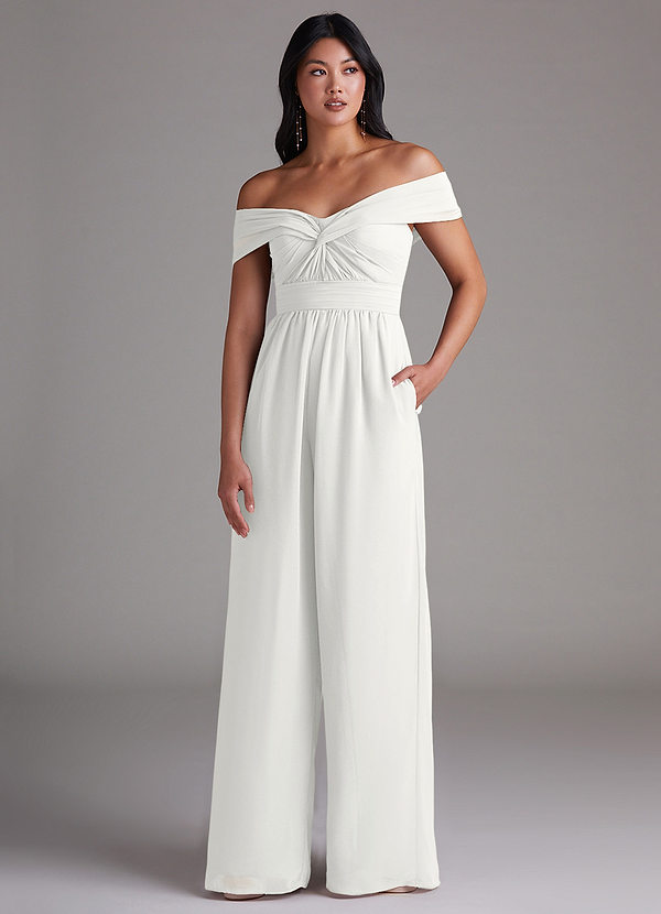 Azazie Lamara Bridesmaid Dresses White Off the Shoulder Chiffon Convertible Jumpsuit image1