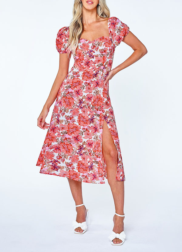front Loma Linda Red Floral Print Puff Sleeve Midi Dress