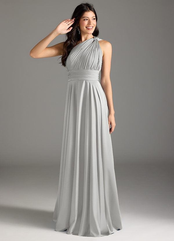 Azazie Charlize Bridesmaid Dresses Silver A-Line One Shoulder Stretch Satin Dress image1