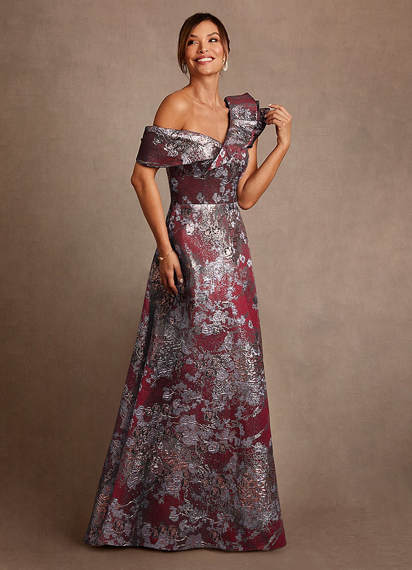 Azazie Des Moines Mother of the Brides Dresses Merlot Floral A-Line One Shoulder Floral Jacquard Dress image1