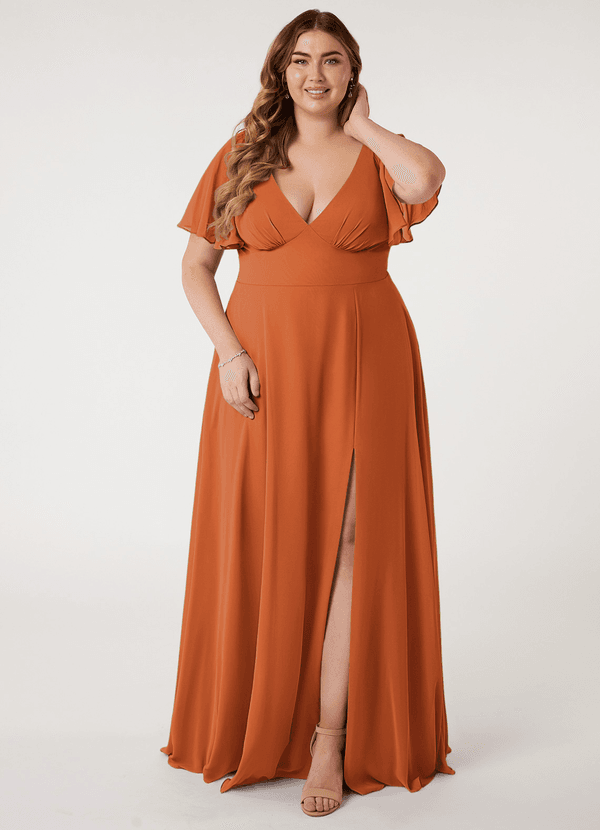Azazie Kimber Bridesmaid Dresses Cinnamon A-Line Flounce Sleeve Chiffon Dress image1