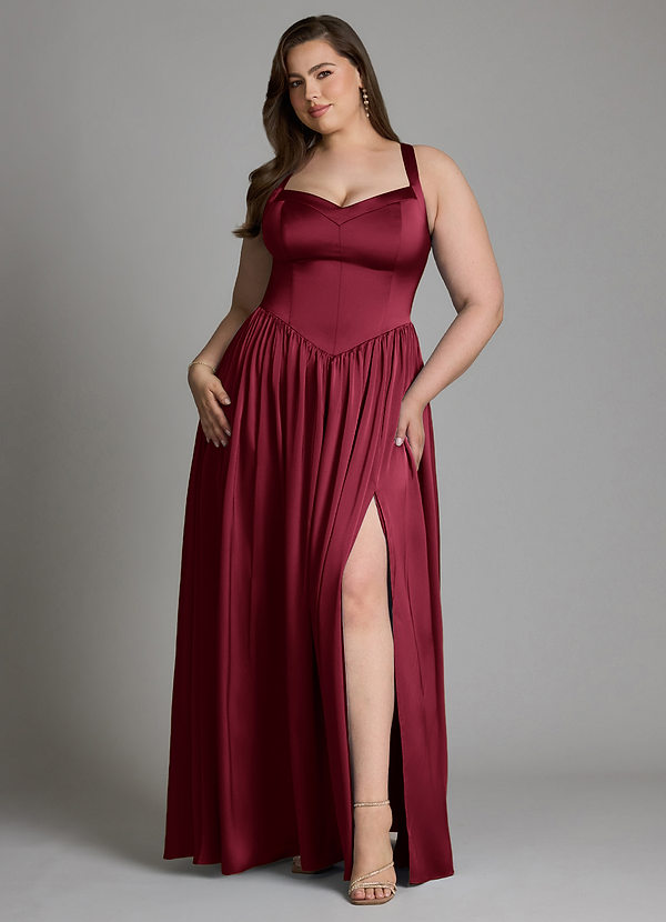 Azazie Francis Vestidos de dama de honor Vestido Borgoña de Satén Elástico de Línea A con Corsé image1