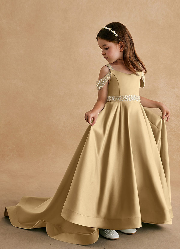 Azazie Jodi Vestidos de Niña de Flores Vestido de Oro de Satin Mate de Corte En A image1