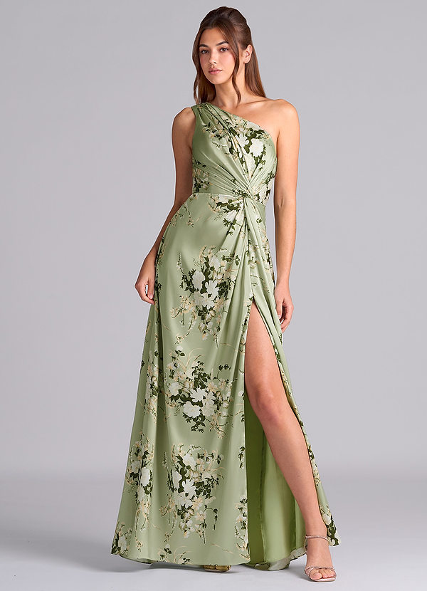 Azazie Brooke Vestidos Dama de Honor Vestido de Enredaderas Florales de Satén Elástico de Corte en A con Hombro unilateral image1