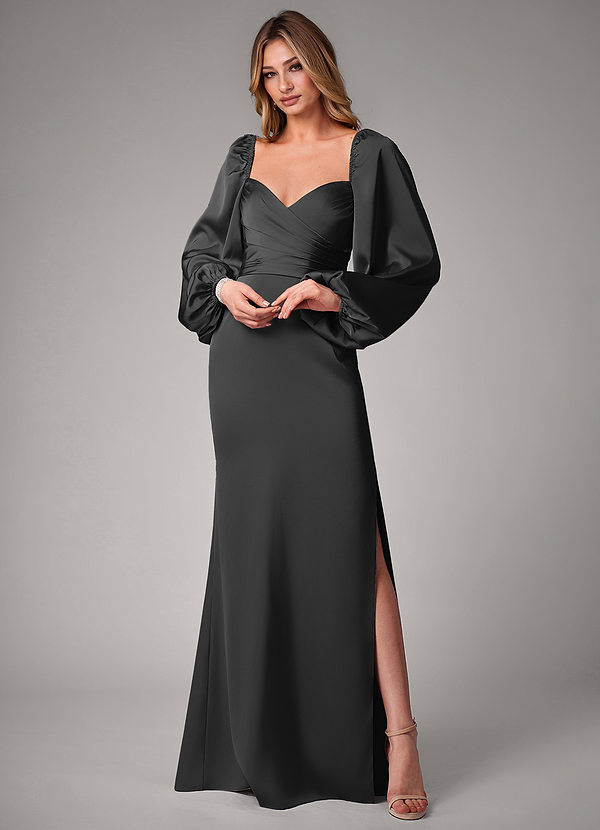 Azazie Sonata Bridesmaid Dresses Black Sheath Long Sleeve Stretch Satin Convertible Dress image1
